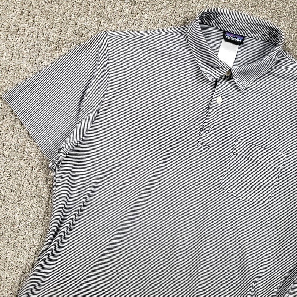 Patagonia Polo Shirt Mens L Blue Pinstripe Organic Cotton Short Sleeve Pocket *